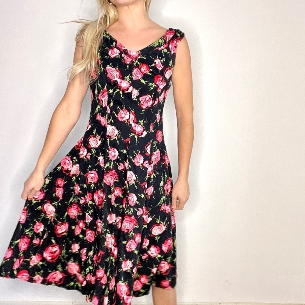 Talbots Black, Pink, Red Floral Retro Dress